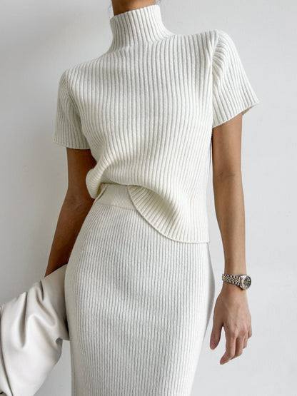 Solid High Neck Split Ribbed Knit İki Parça Etek Takımı