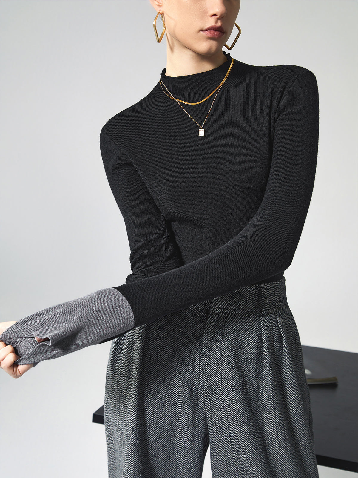 Long Sleeve Contrast Cuff Knit Üst