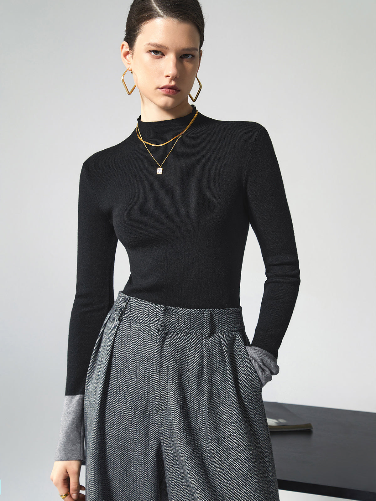 Long Sleeve Contrast Cuff Knit Üst