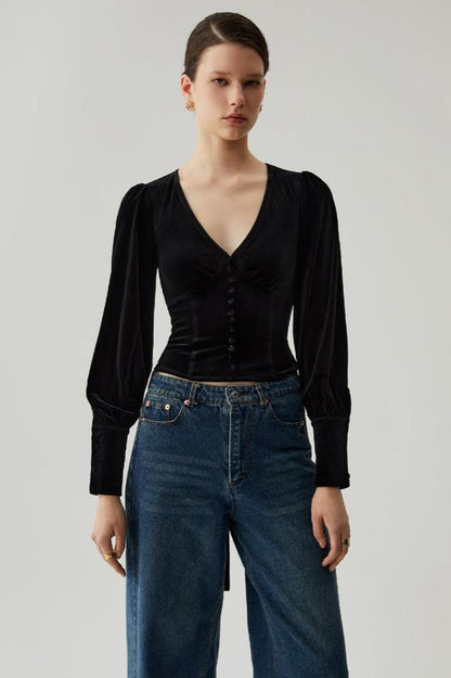 Velvet Buttoned V-neck Long Sleeve Crop Üst