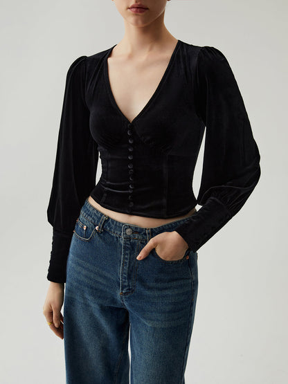 Velvet Buttoned V-neck Long Sleeve Crop Üst