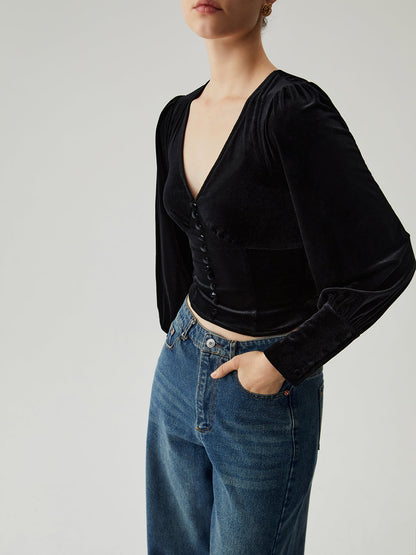 Velvet Buttoned V-neck Long Sleeve Crop Üst