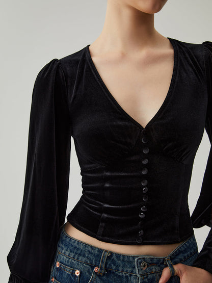 Velvet Buttoned V-neck Long Sleeve Crop Üst