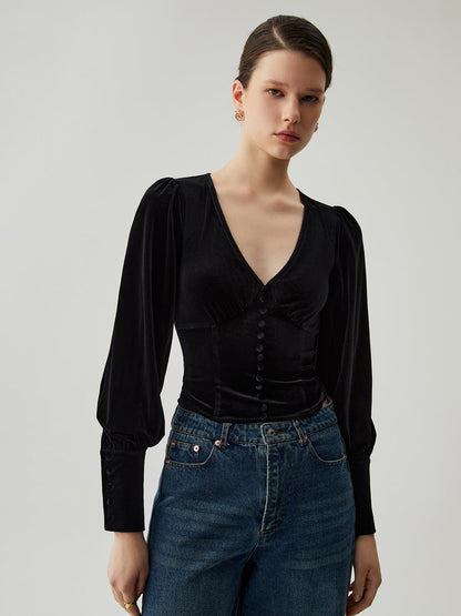 Velvet Buttoned V-neck Long Sleeve Crop Üst