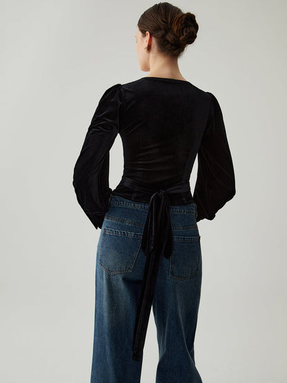 Velvet Buttoned V-neck Long Sleeve Crop Üst