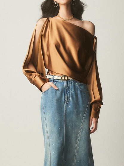 Satin Asymmetrical Cold Shoulder Tied Bluz