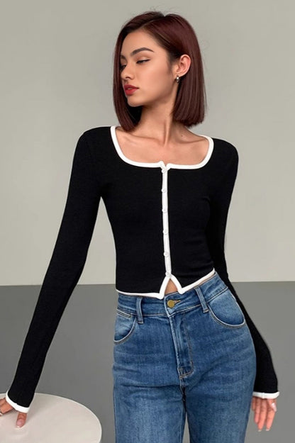 Square Neck Contrast Trim Long Sleeve Knit Üst