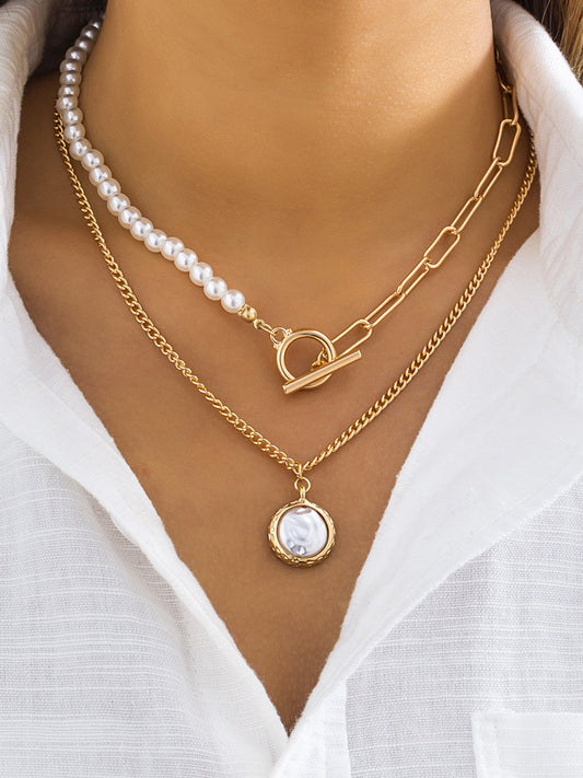 Faux Pearl Disc Pendant Kolye