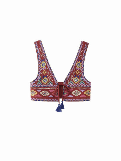 Boho Embroidery Knotted Cami Üst