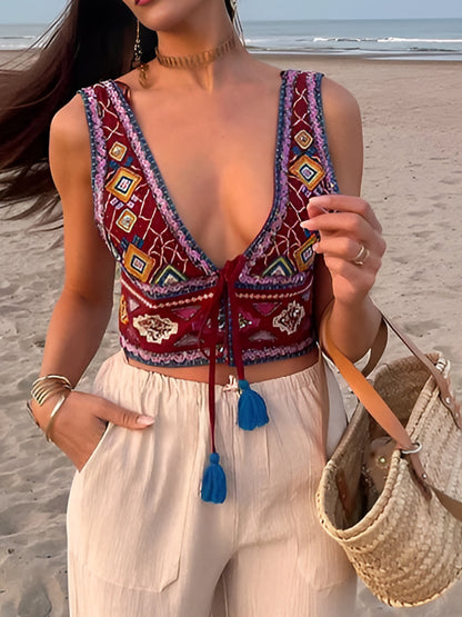 Boho Embroidery Knotted Cami Üst