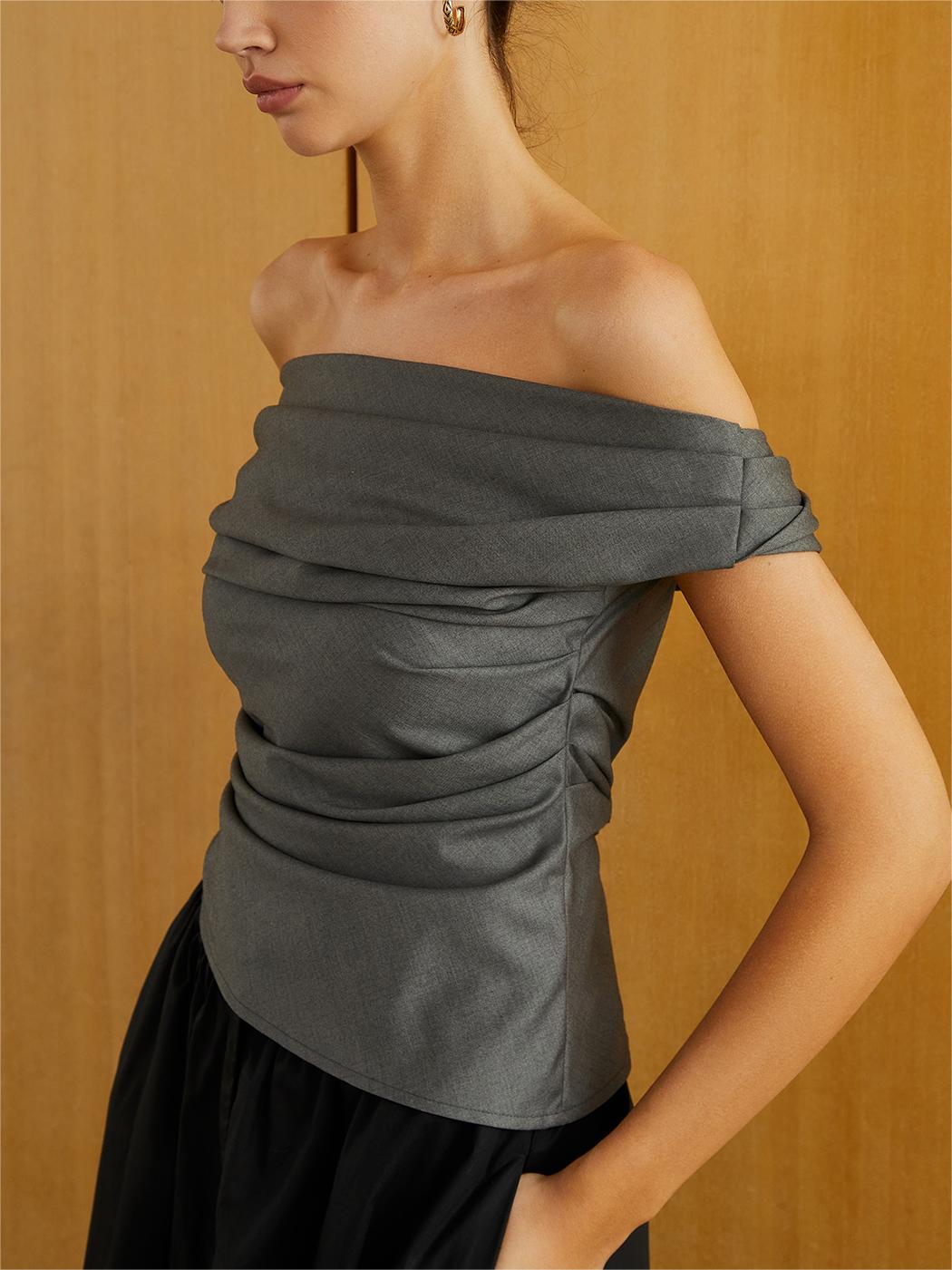 Ruched Zipper Off-Shoulder Kolsuz Üst