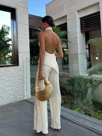Asymmetric Halter Croplu Wide Leg Pantalon Seti
