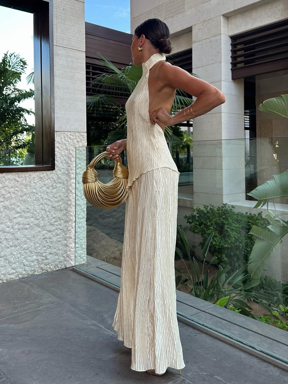 Asymmetric Halter Croplu Wide Leg Pantalon Seti
