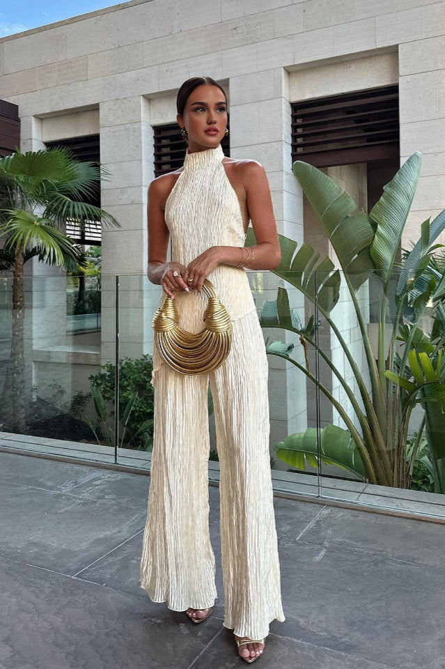 Asymmetric Halter Croplu Wide Leg Pantalon Seti