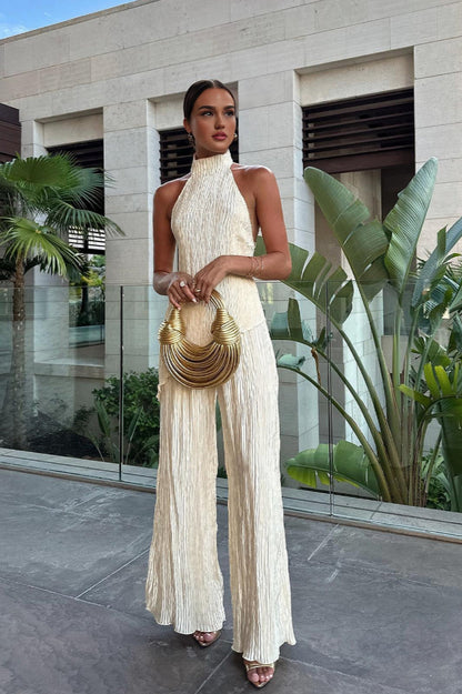 Asymmetric Halter Croplu Wide Leg Pantalon Seti