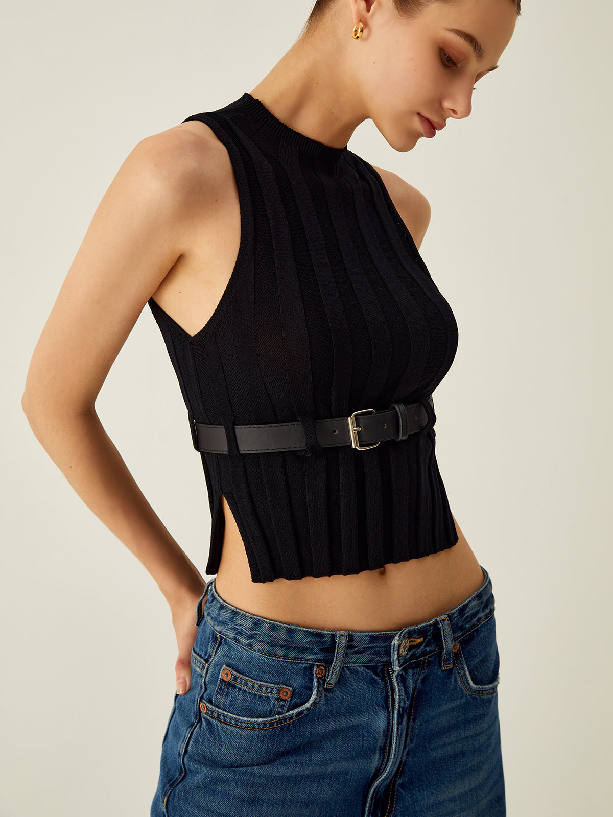 Ribbed Mock Neck Kemerli Kolsuz Yelek