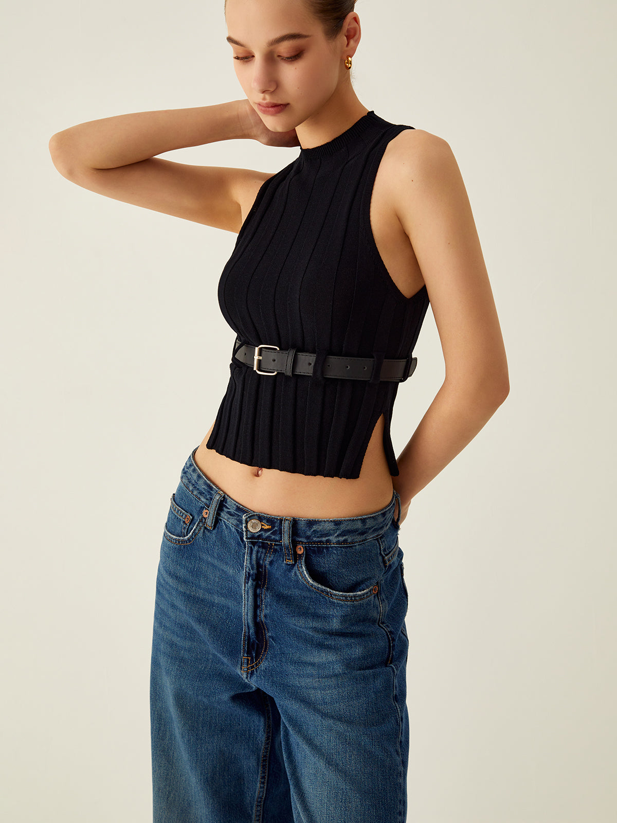 Ribbed Mock Neck Kemerli Kolsuz Yelek