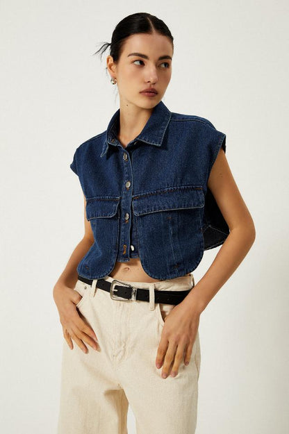 Denim Pockets Turn Down Collar Yelek