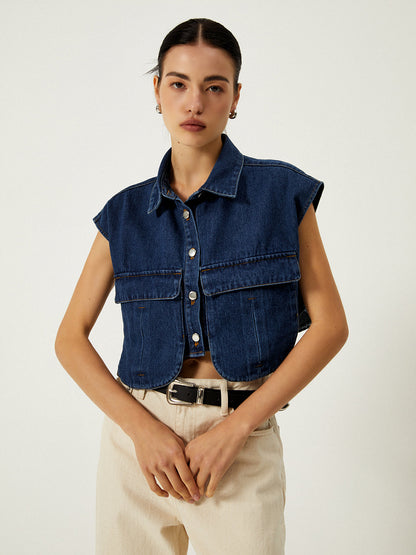 Denim Pockets Turn Down Collar Yelek