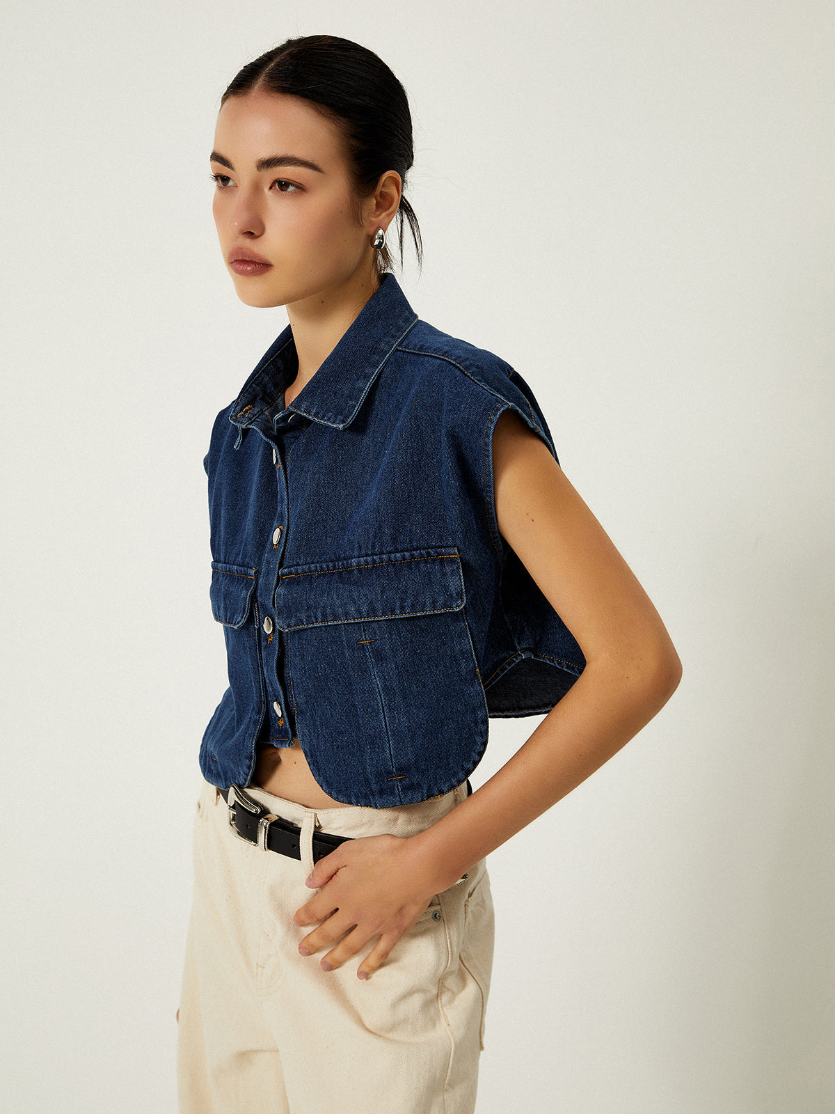 Denim Pockets Turn Down Collar Yelek