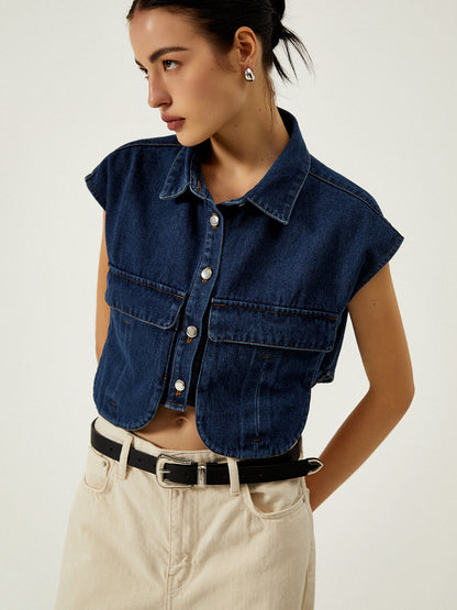 Denim Pockets Turn Down Collar Yelek