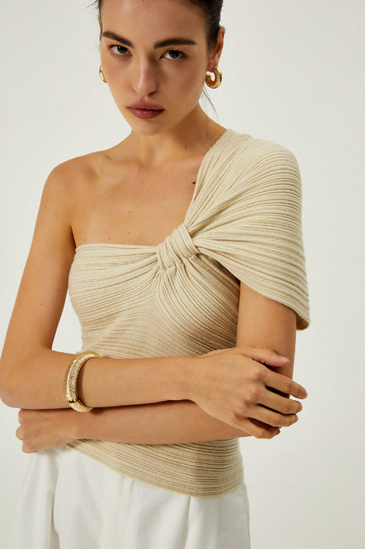 Asymmetrical One Shoulder Knotted Knit Üst