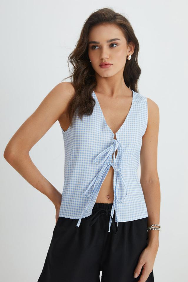 Blue Gingham Tie Front Üst