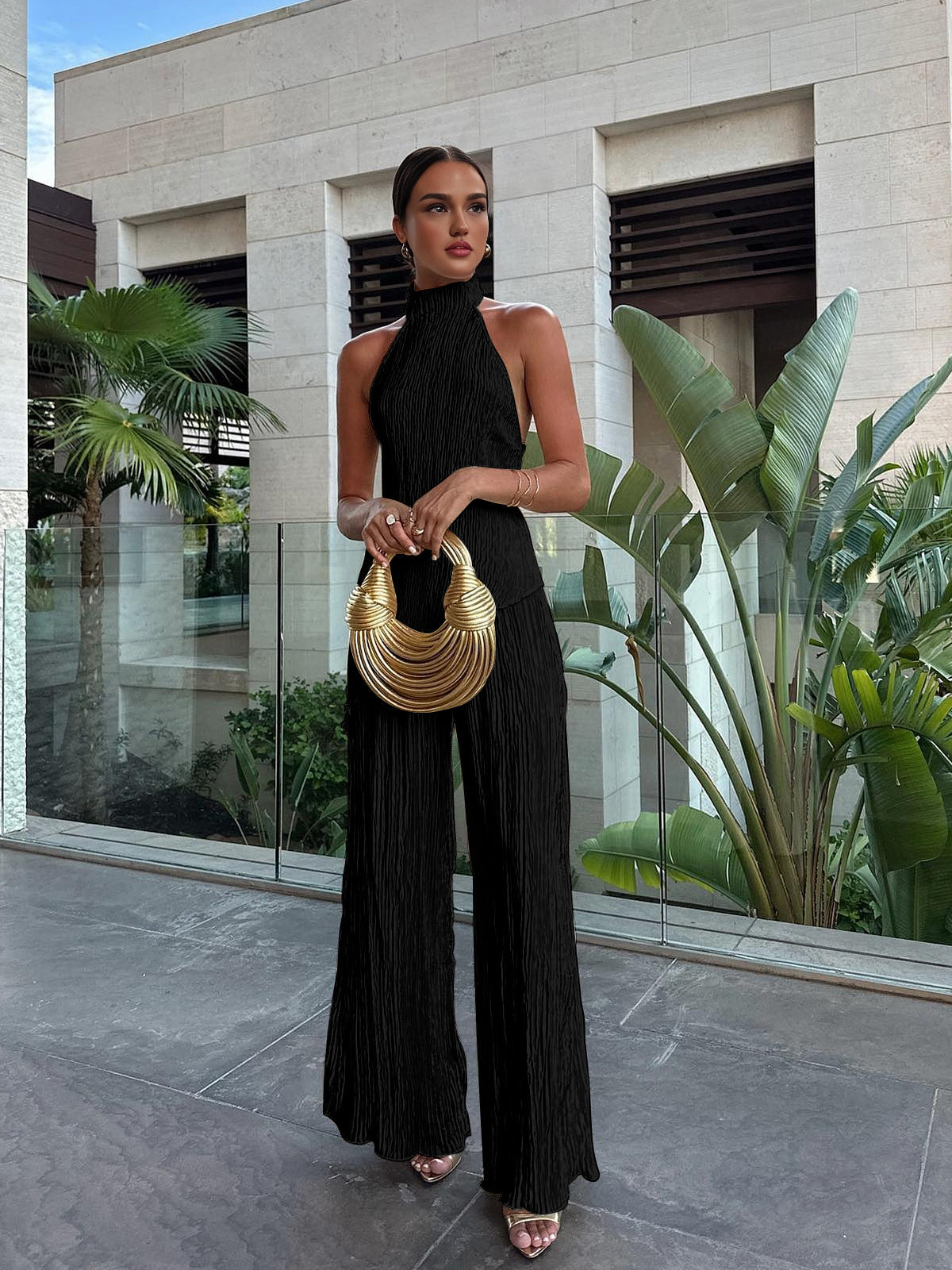 Asymmetric Halter Croplu Wide Leg Pantalon Seti