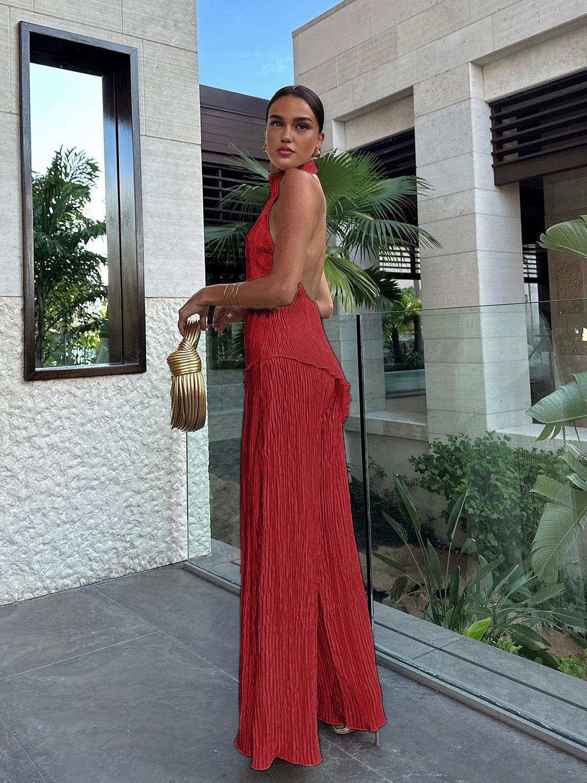 Asymmetric Halter Croplu Wide Leg Pantalon Seti
