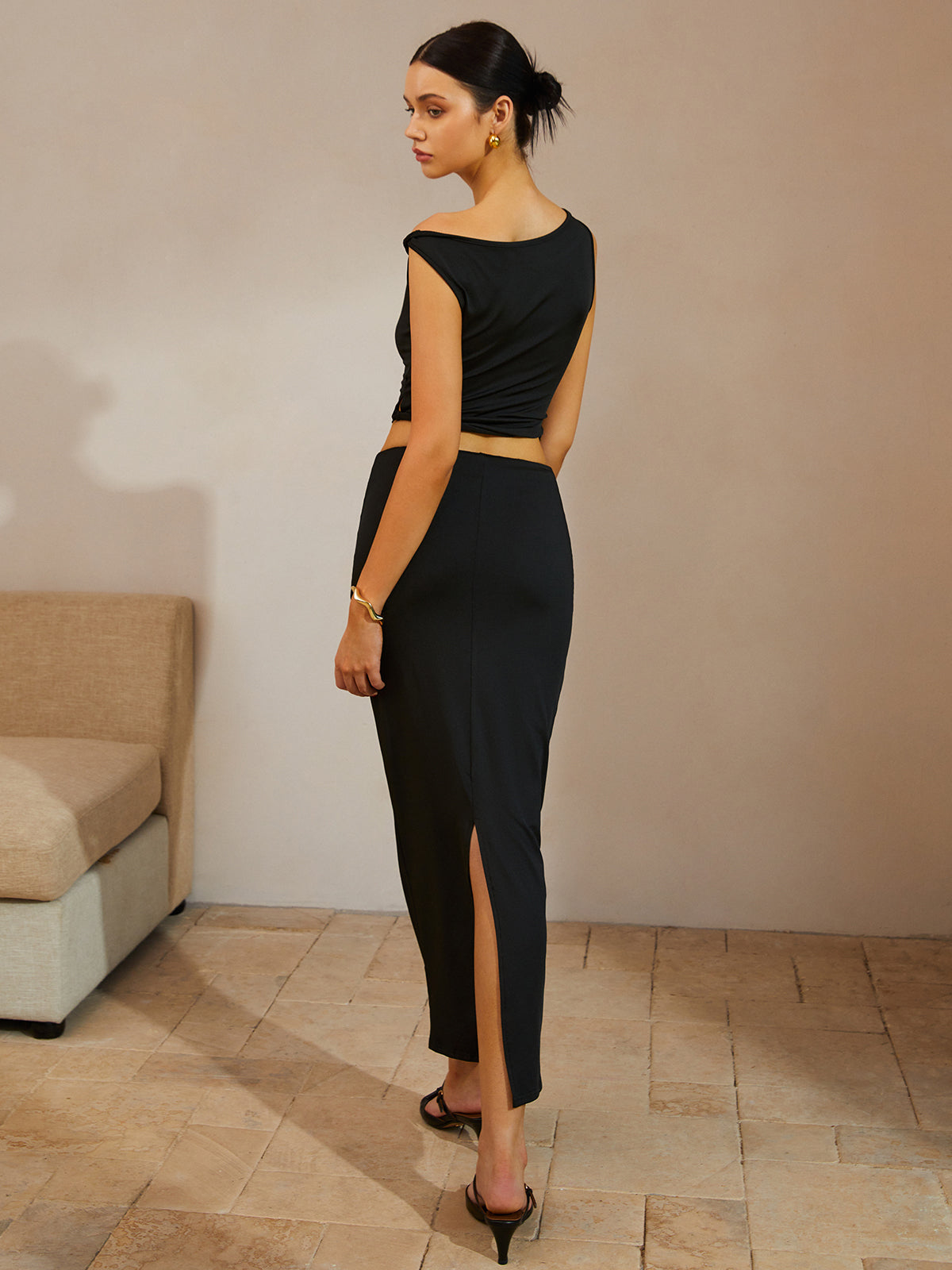 Asymmetrical Neck Ruched Üst & Split Maxi Etek Takımı