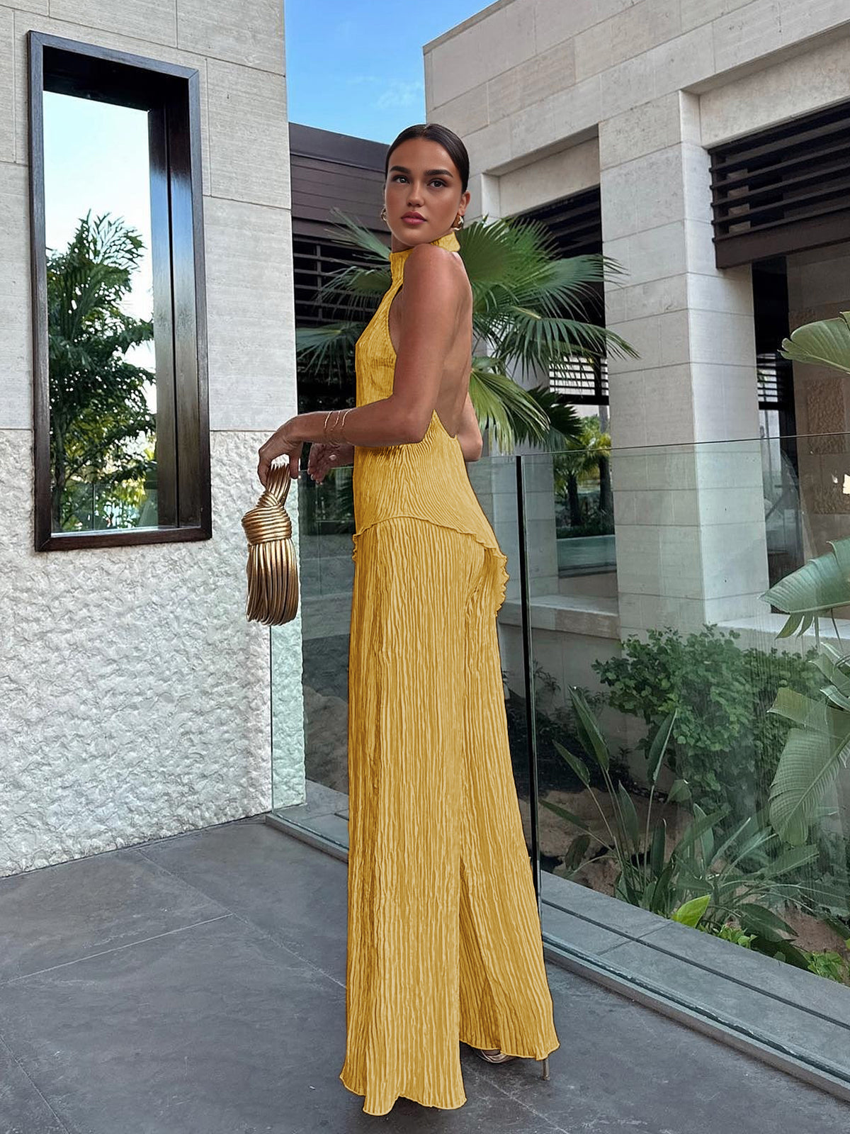 Asymmetric Halter Croplu Wide Leg Pantalon Seti