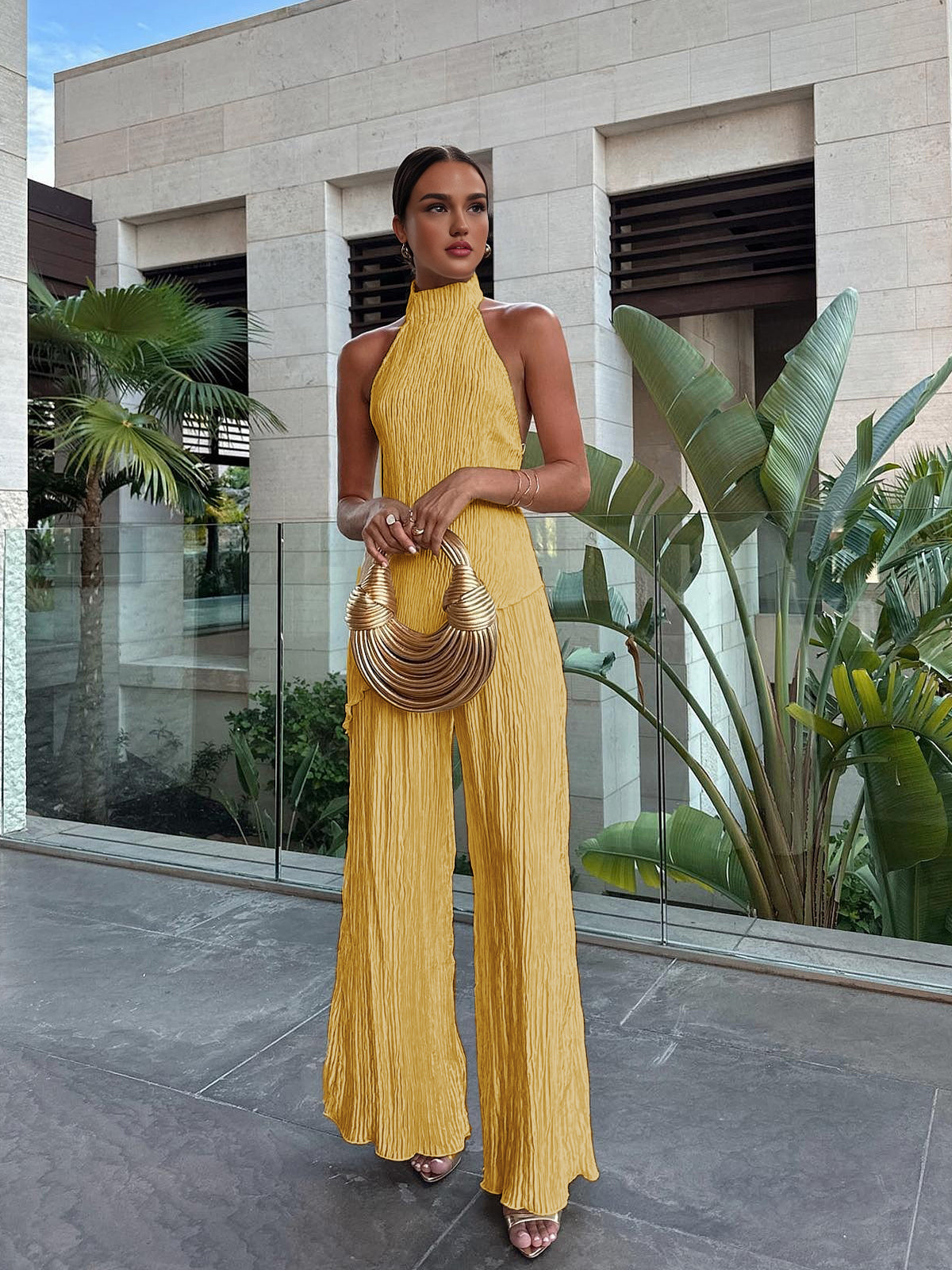 Asymmetric Halter Croplu Wide Leg Pantalon Seti