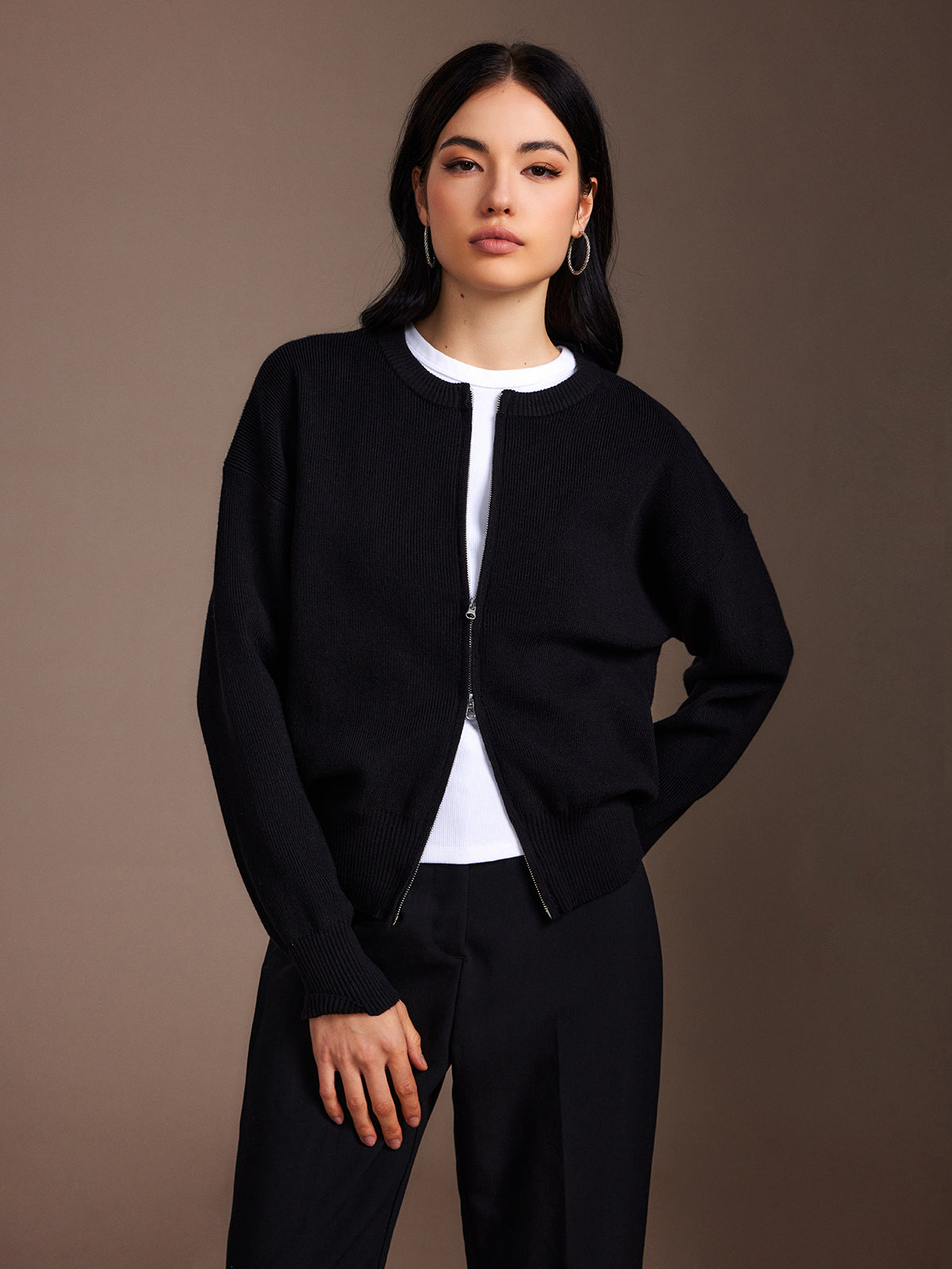 Plain Double Zip Hırka