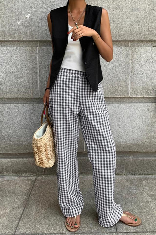 Casual Plaid Wide Leg Pantolon