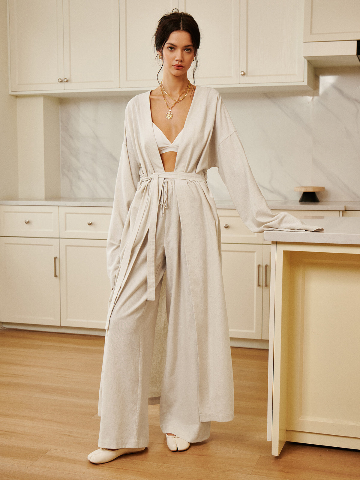 Solid Belted Draped Maxi Long Üst