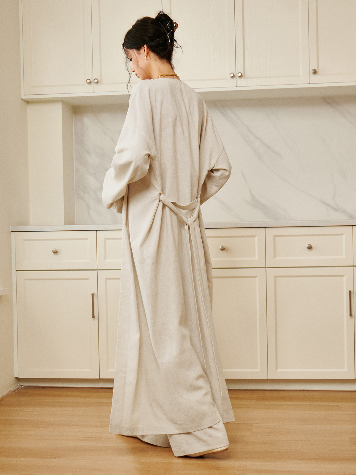 Solid Belted Draped Maxi Long Üst