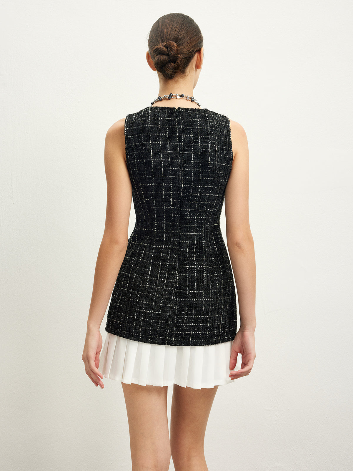 Checkered Tweed Panel Kolsuz Elbise