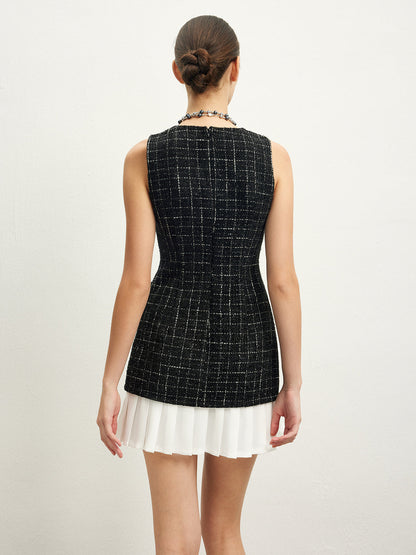 Checkered Tweed Panel Kolsuz Elbise