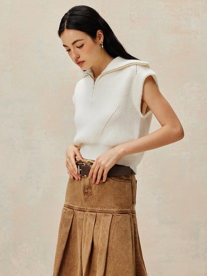 Ribbed Lapel Zipper Sweater Yelek