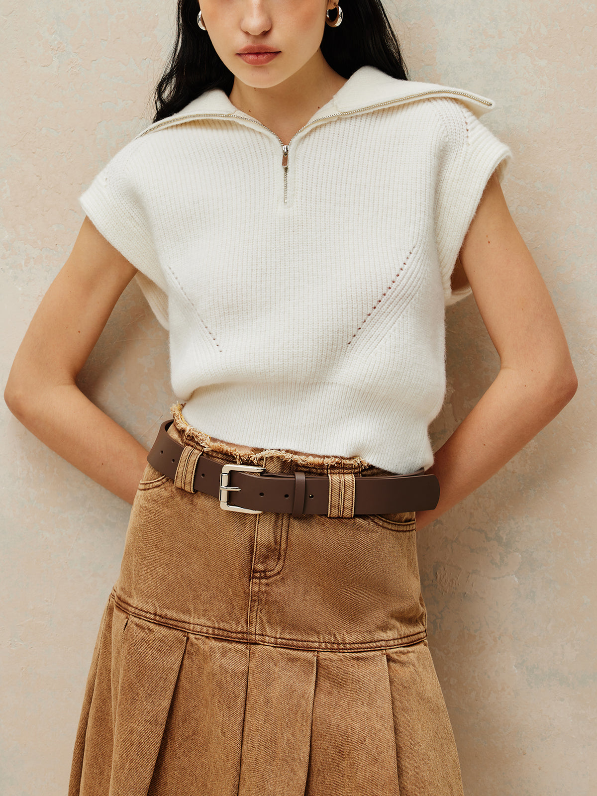 Ribbed Lapel Zipper Sweater Yelek