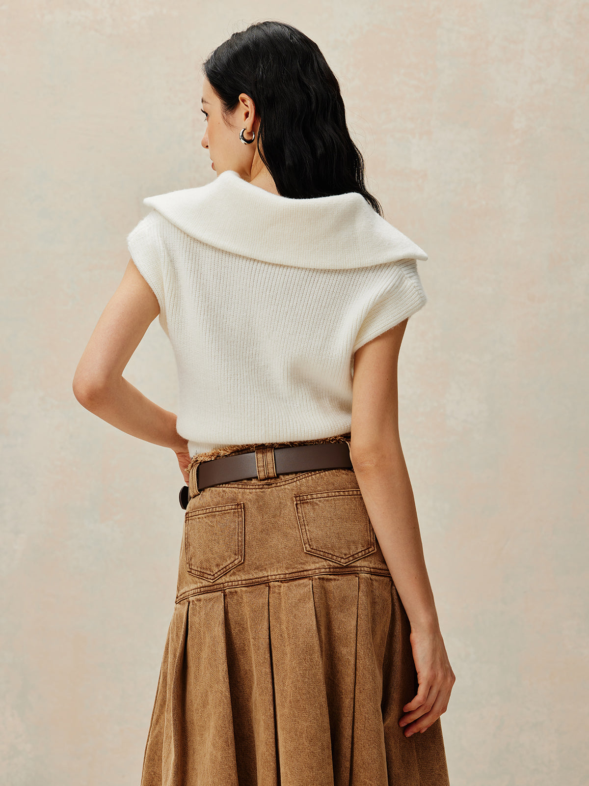 Ribbed Lapel Zipper Sweater Yelek