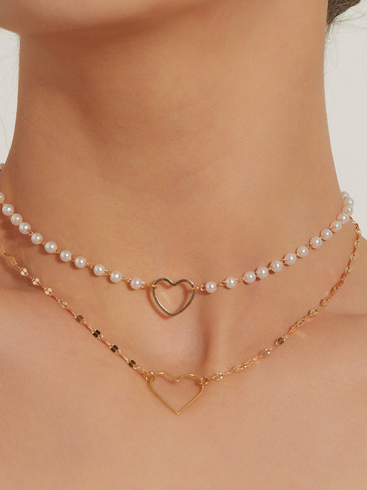 Double Layer Pearl Heart Pendant Kolye