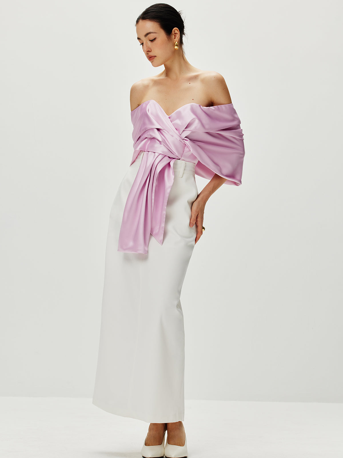 Satin Pleated Off Shoulder Üst