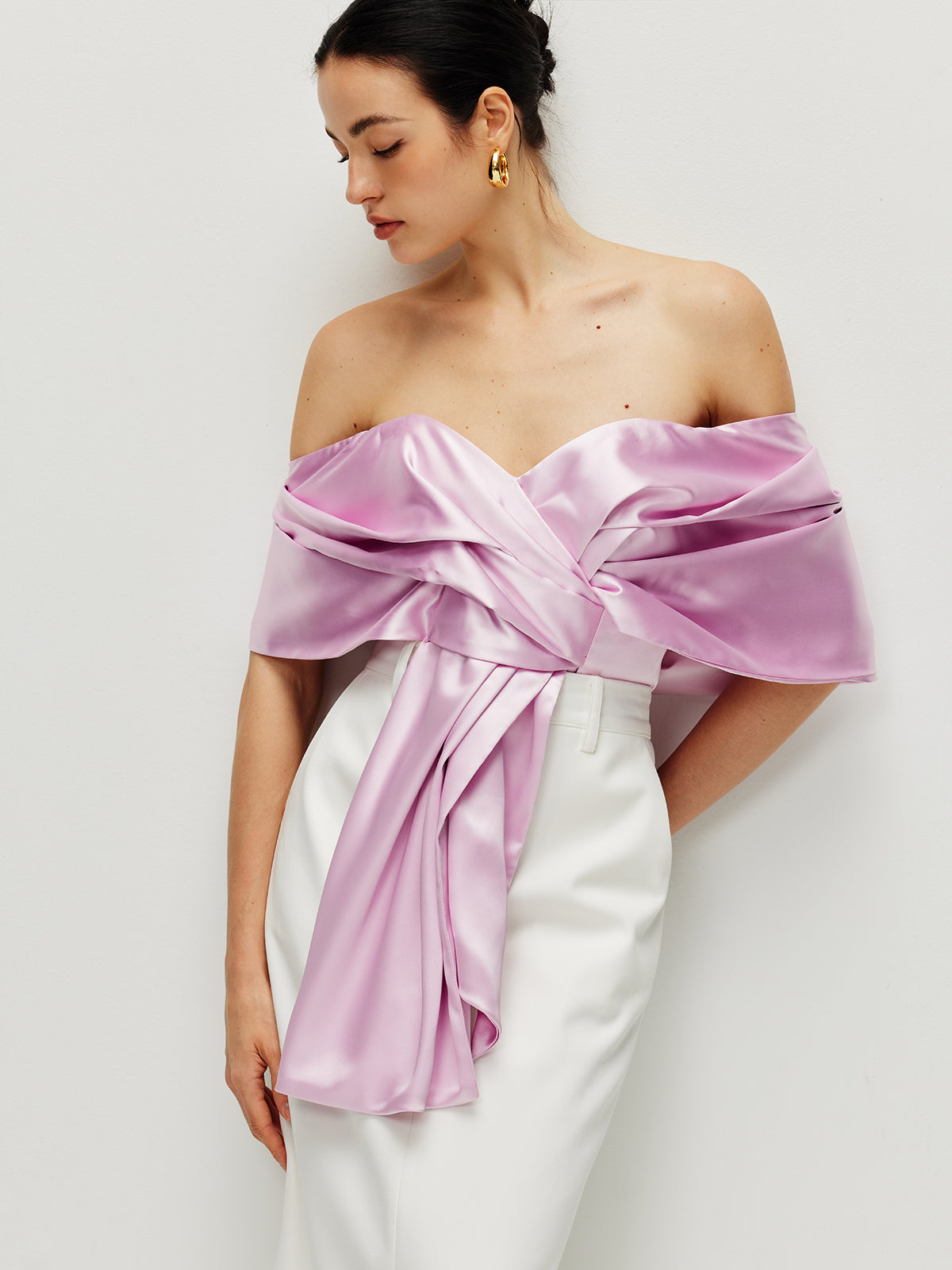 Satin Pleated Off Shoulder Üst