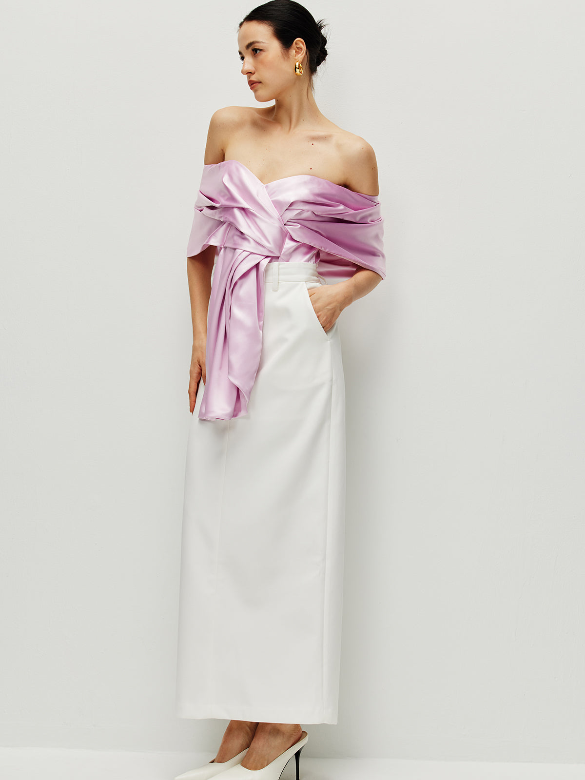 Satin Pleated Off Shoulder Üst