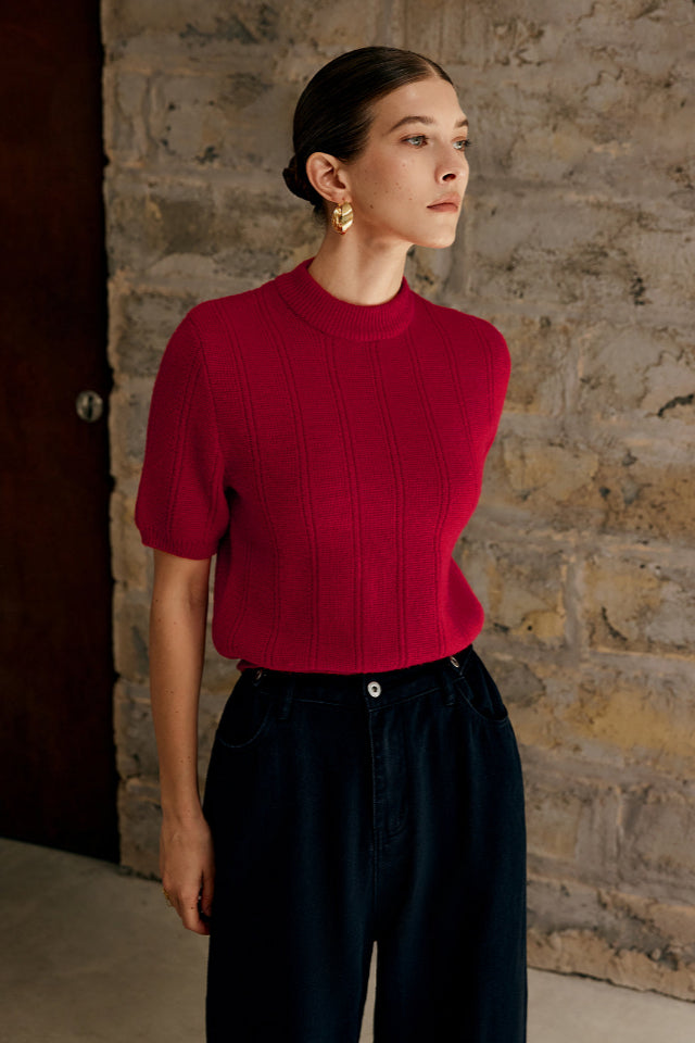 Retro Plain Ribbed Knit Üst