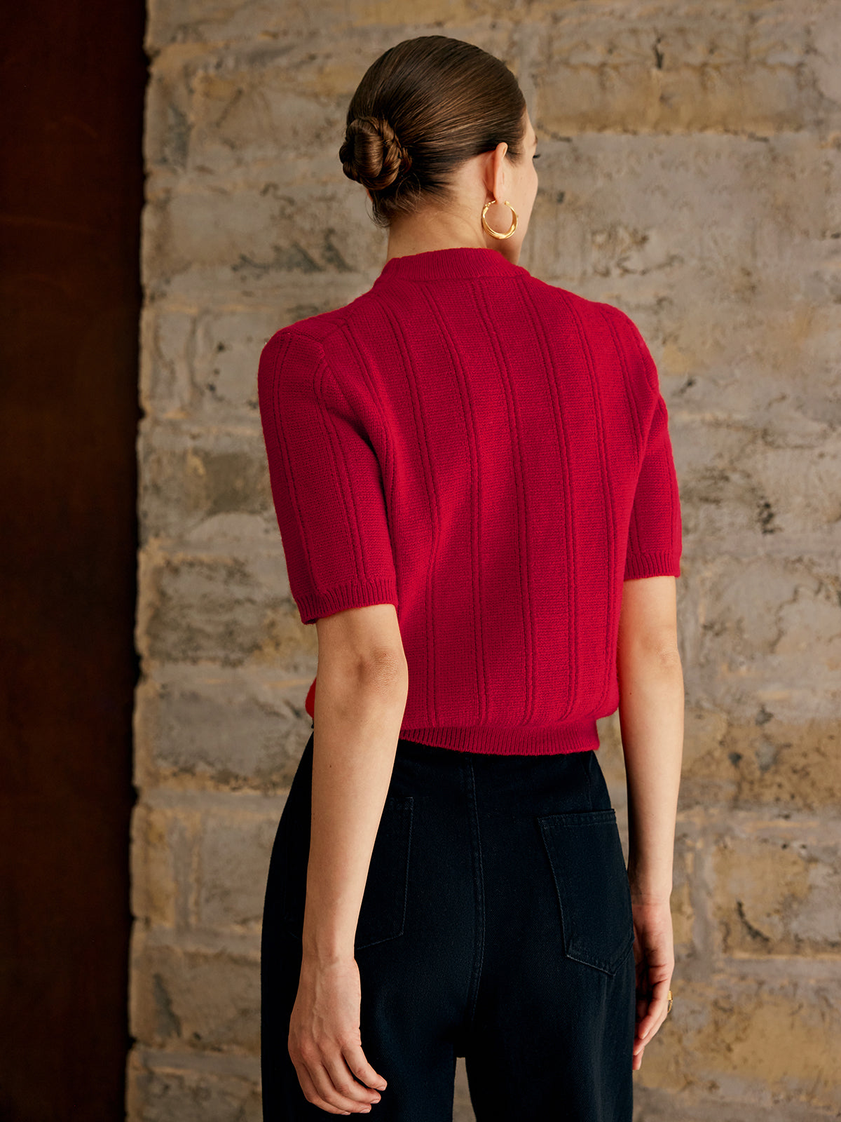 Retro Plain Ribbed Knit Üst