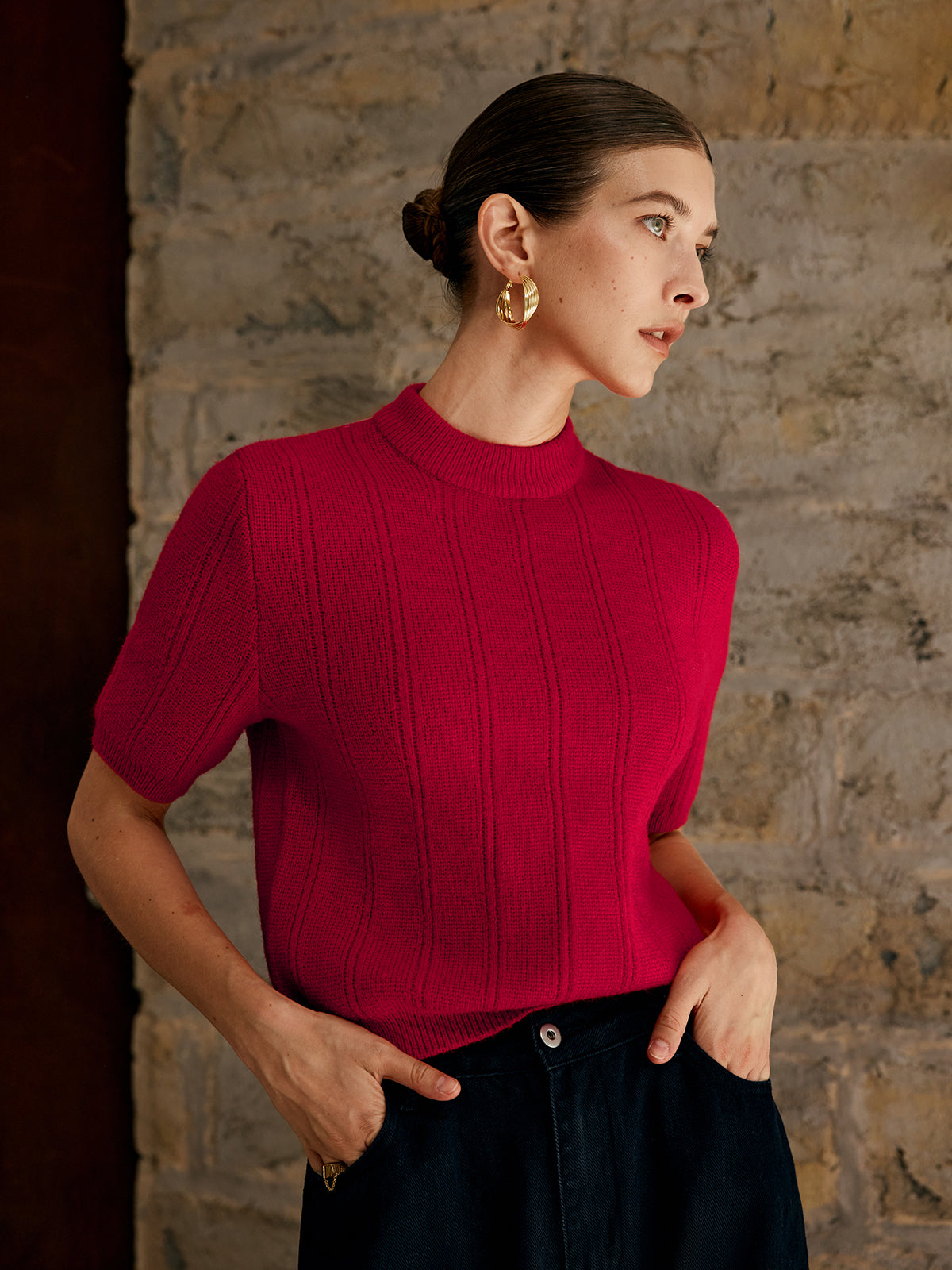 Retro Plain Ribbed Knit Üst