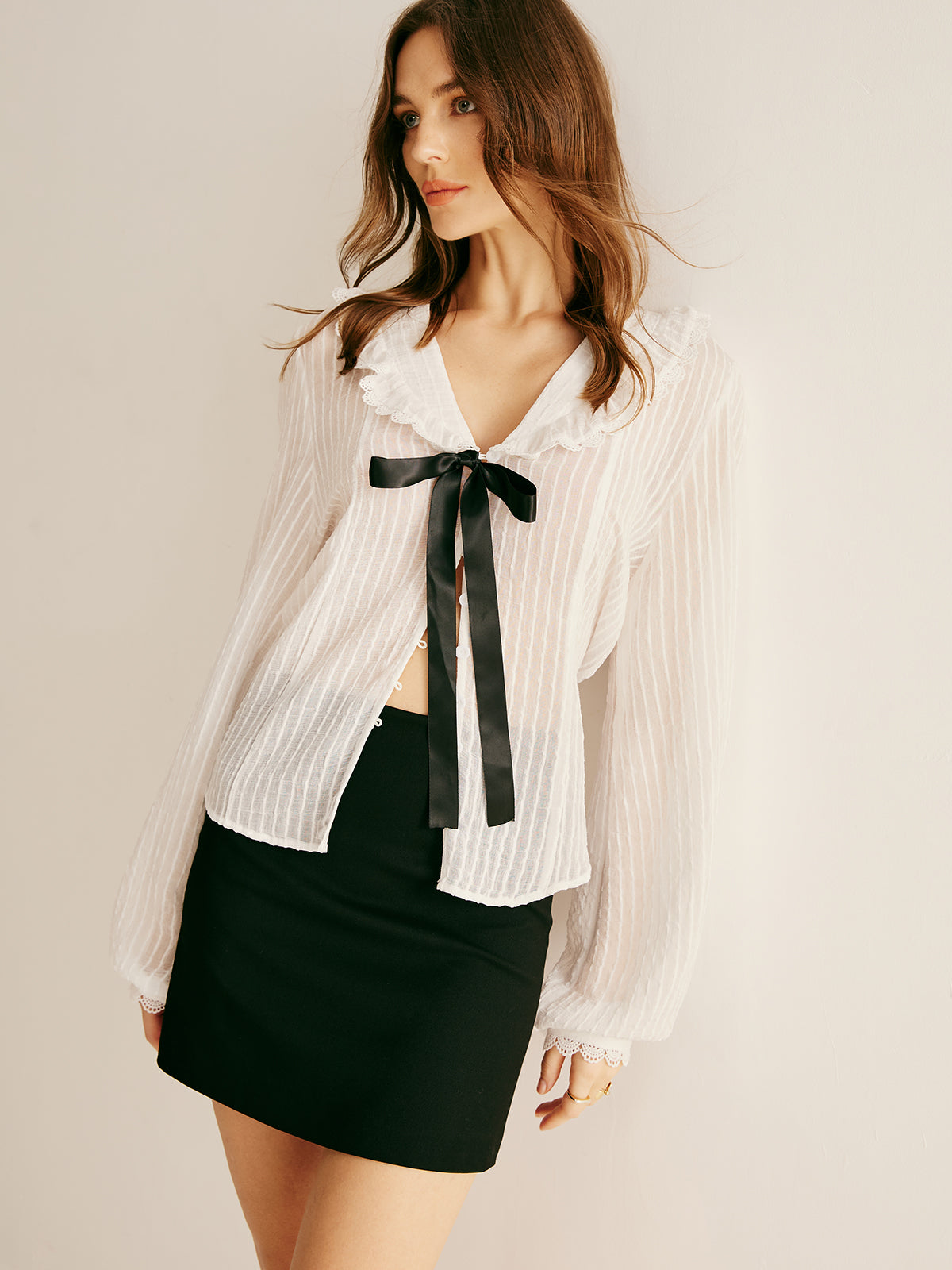 Ruffle Neck Pinstripe Semi-Sheer Gömlek