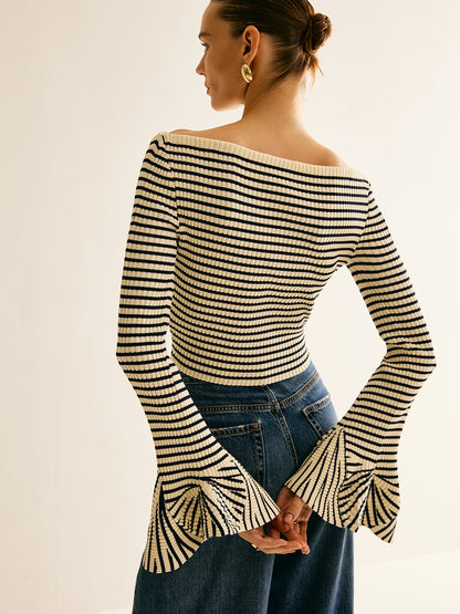 Striped Ruffle-Sleeve Knit Üst